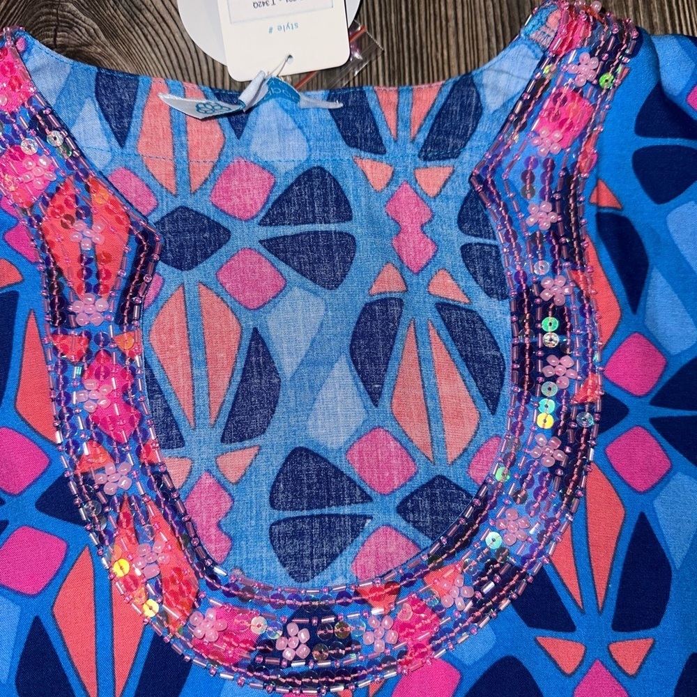 Escapada Living Beaded Blue Mosaic Tunic Coastal Sapphire 3/4 Sleeve Sz Medium - Picture 4 of 11
